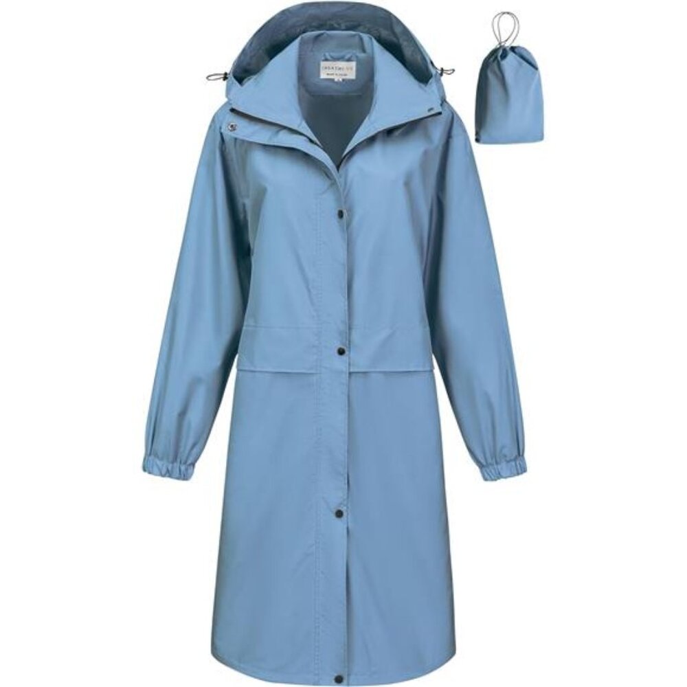 Women's Long Waterproof Rain Coat Lightweight Rain Jacket Packable